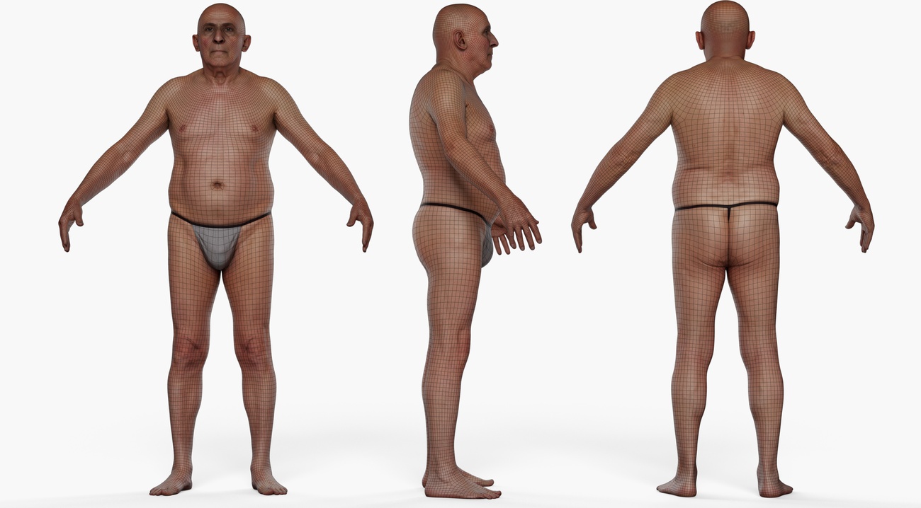 Wireframe topology overlay on a full body 3D scan of a heavy-set older male, showing quad mesh edge loops